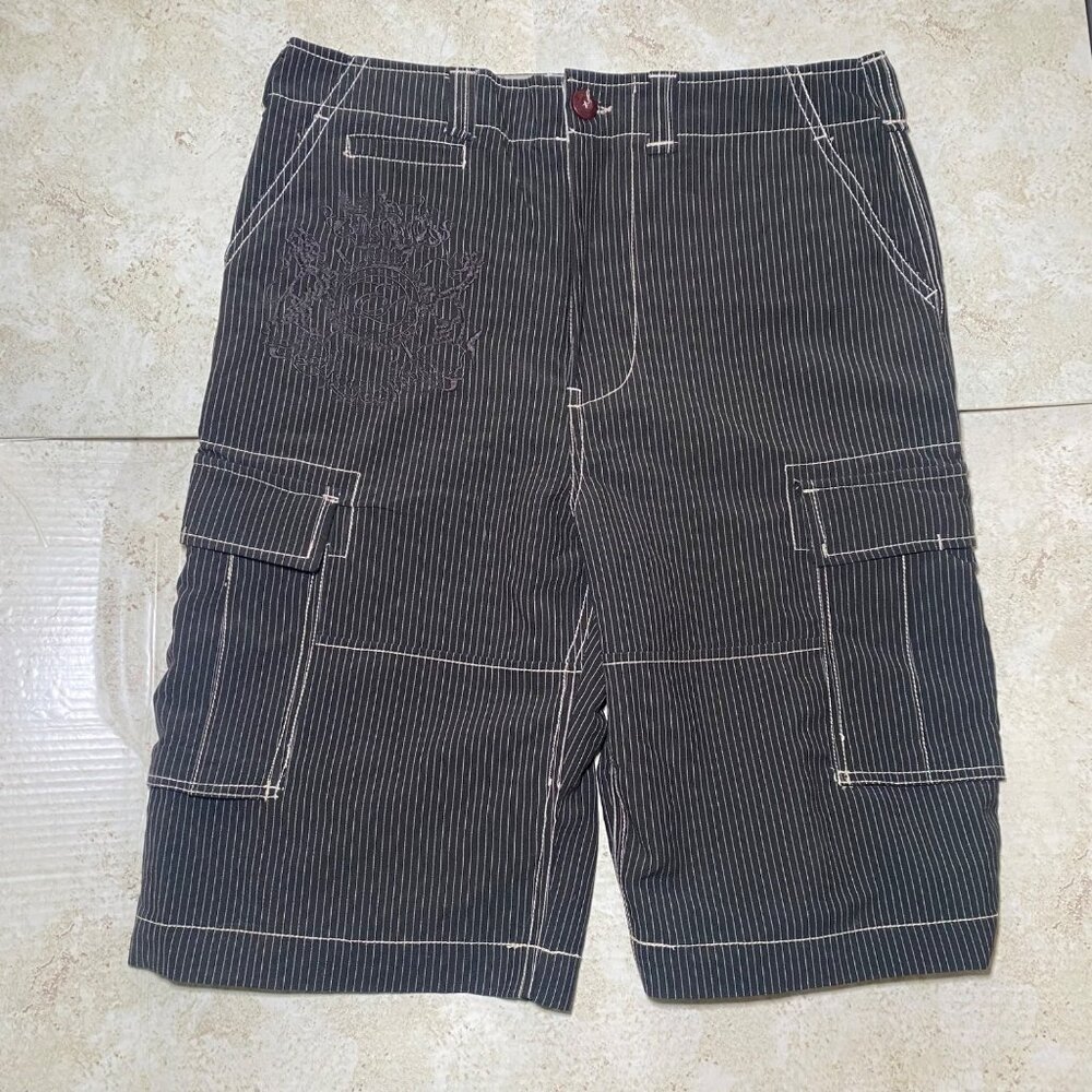Embroidered‎ Pinstripe Cargo Shorts With Pockets Casual Comfort Picnic Vacation